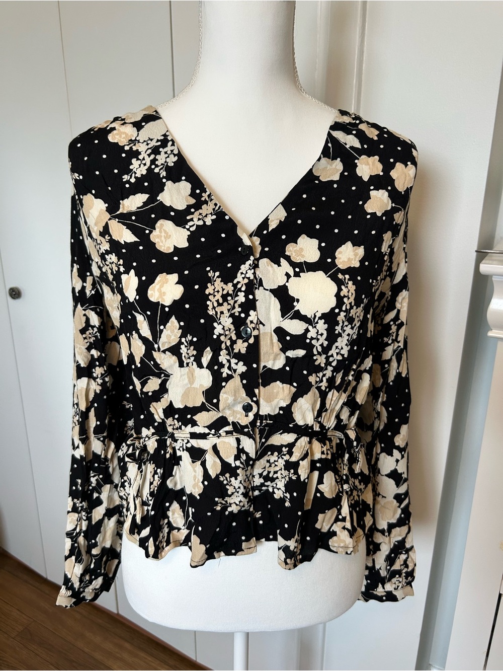 H&M Black Blouse with Cream Floral Print